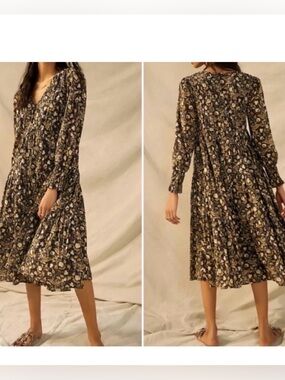 ANTHROPOLOGIE Let Me Be Odette Tiered Cotton Floral Midi Dress 8 Cottagecore